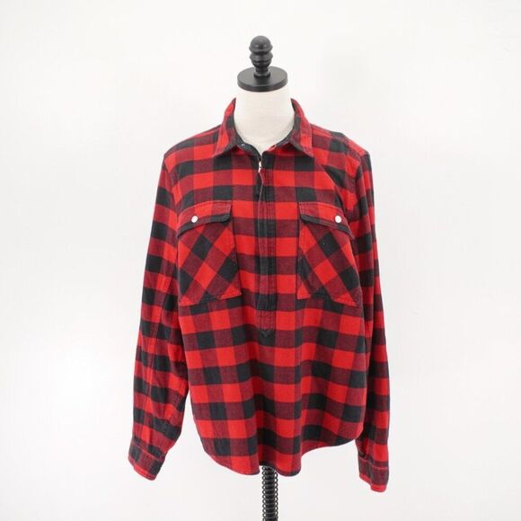 J. Crew Flannel Red Black Plaid Collared Shirt Jacket Large Zip + Pockets Cotton - Picture 1 of 9
